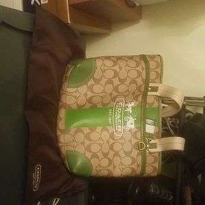 Small Coach tote in green along dust pouch
